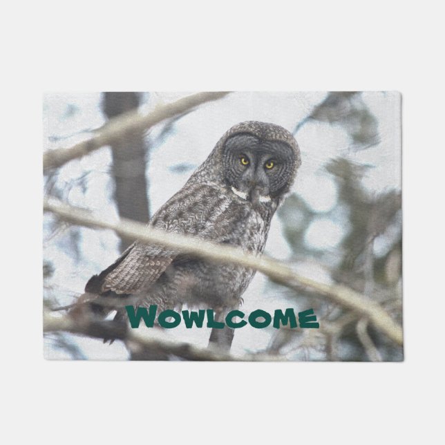 Great Grey Owl on Branch Welcome Mat (Front)