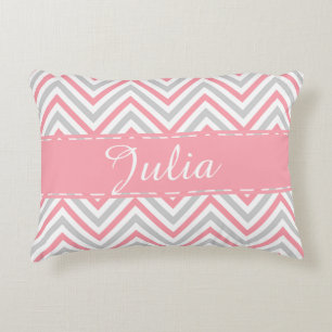 Great Grey Zig Zag Pattern Ribbon Rose Name Accent Pillow