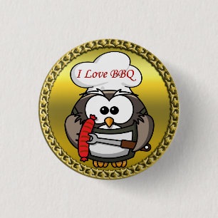 Great horn owl with BBQ in hand and a gold frame 1 Inch Round Button