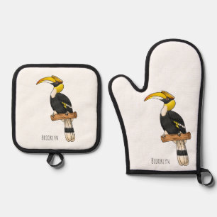 Great hornbill bird cartoon illustration oven mitt & pot holder set