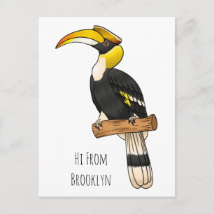 Great hornbill bird cartoon illustration  postcard