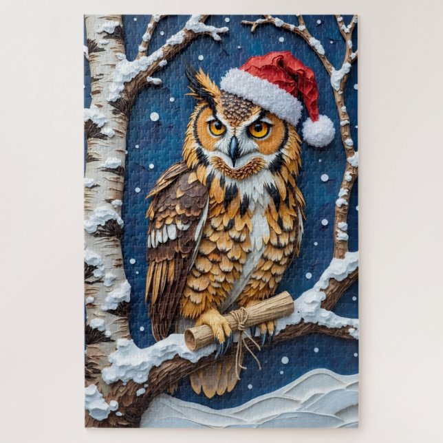 Great Horned Owl Christmas Scroll Bearer Hat Jigsaw Puzzle (Vertical)