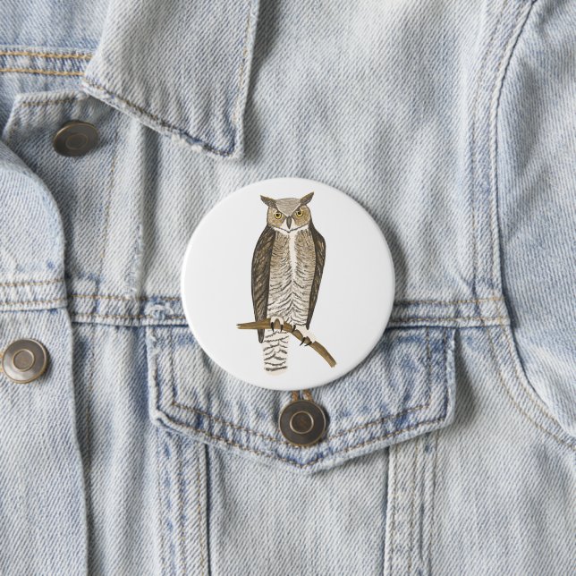 Great Horned Owl Coloured Pencil Art 3 Inch Round Button (In Situ)