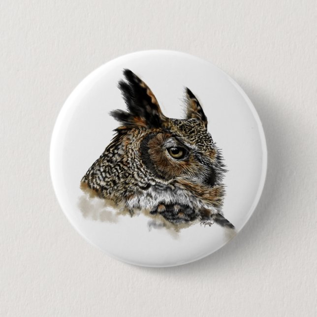 Great Horned Owl Drawing 2 Inch Round Button (Front)