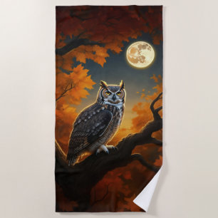 Great Horned Owl in Autumn Beach Towel