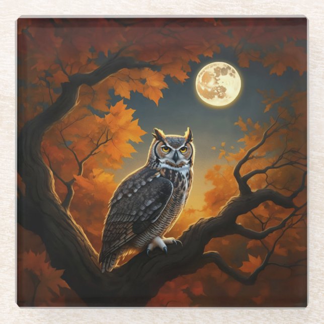 Great Horned Owl in Autumn Glass Coaster (Front)