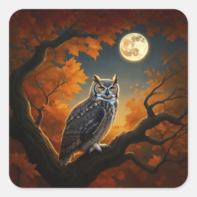 Great Horned Owl in Autumn Square Sticker (Front)