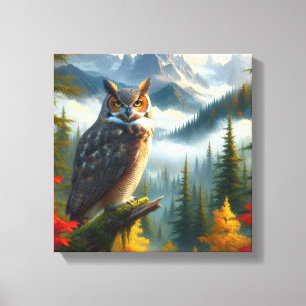 Great Horned Owl in Fall Season Watercolor Canvas Print