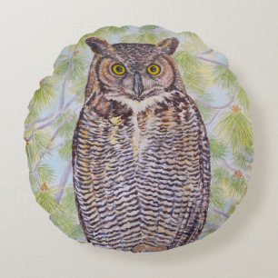 Great Horned Owl Round Pillow