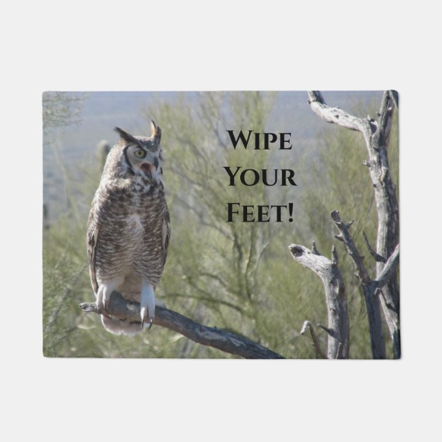 Great Horned Owl Says Wipe Your Feet! Doormat (Front)