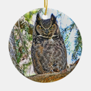 Great Horned Owl Staring Ceramic Ornament