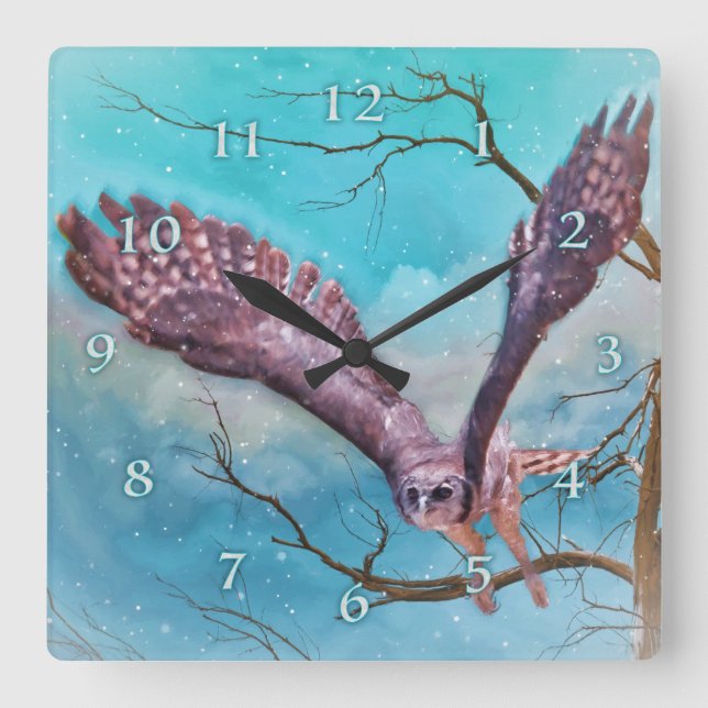 Great Horned Owl "Winter Soldier " Square Wall Clock (Front)