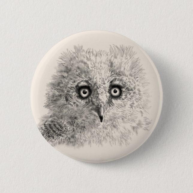 Great Horned Owlet Drawing 2 Inch Round Button (Front)