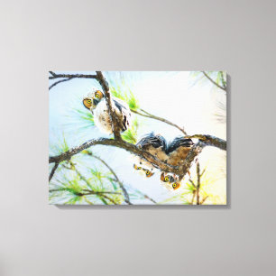 Great Horned Owlets Looking From Branch Fine Art Canvas Print