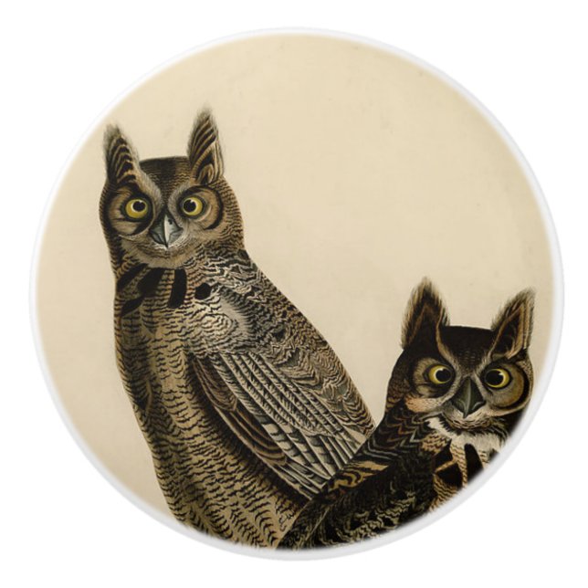 Great Horned Owls (J.J. Audubon) Ceramic Knob (Front)