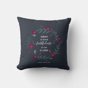 GREAT IS YOUR FAITHFULNESS Blue Floral Christian Throw Pillow