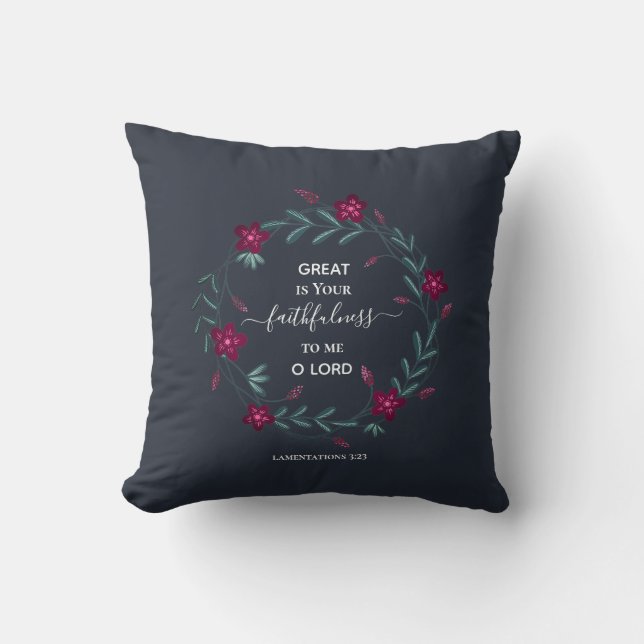 GREAT IS YOUR FAITHFULNESS Blue Floral Christian Throw Pillow (Front)
