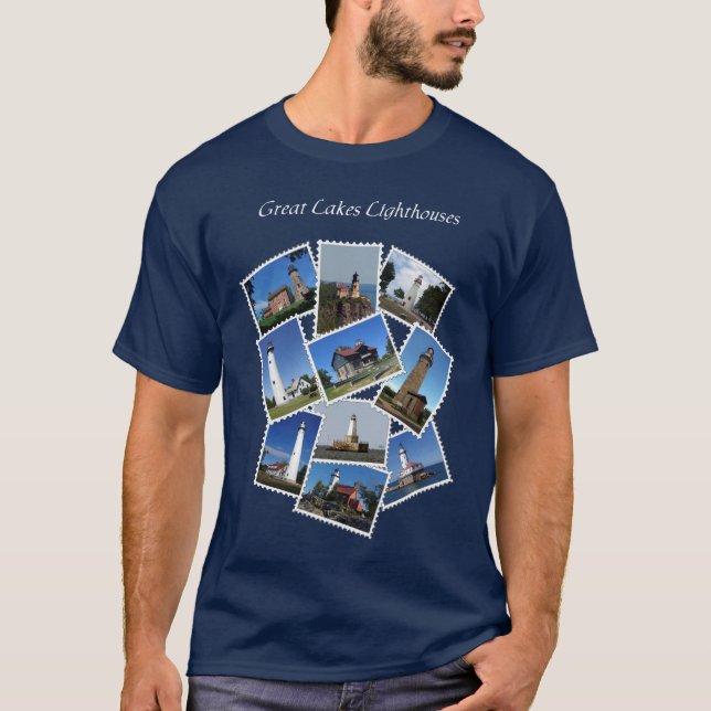Great Lakes Lighthouse stamp shirt white lettering (Front)