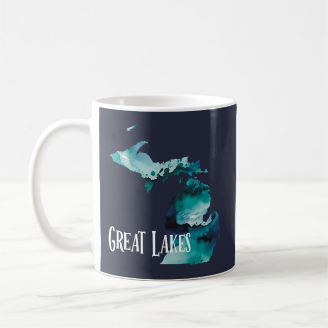 Great Lakes Michigan State Map Blue Watercolor Coffee Mug (Left)