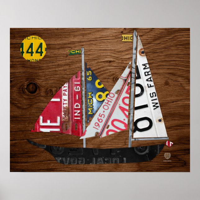 Great Lakes State Sailboat Recycled License Plate Poster (Front)
