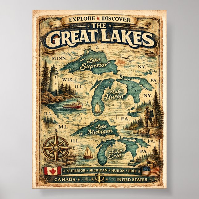 Great Lakes Vintage Map Destination Poster (Front)