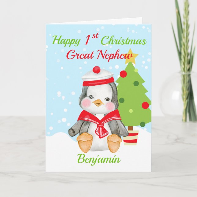 Great Nephew 1st Christmas Cute Penguin  Holiday Card (Front)