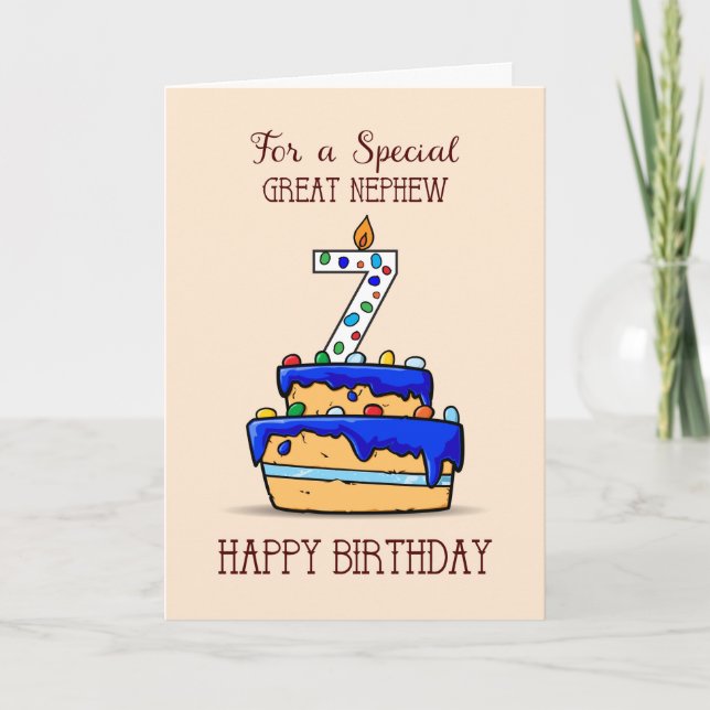 Great Nephew 7th Birthday, 7 on Sweet Blue Cake Card (Front)