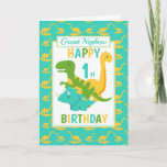 Great Nephew Dinosaur 1st Birthday Blue Card<br><div class="desc">A fun 1st birthday card for your great Nephew. This bright first birthday card features a cartoon green T-Rex dinosaur, a yellow Brontosaurus and a blue Triceratops, set on a blue and yellow dinosaur background A lovely cute design for a little boy who will be one years old. The birthday...</div>