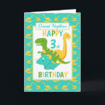 Great Nephew Dinosaur 3rd Birthday Blue Card<br><div class="desc">A fun 3rd birthday card for your great Nephew. This bright third birthday card features a cartoon green T-Rex dinosaur, a yellow Brontosaurus and a blue Triceratops, set on a blue and yellow dinosaur background A lovely cute design for a little boy who will be three years old. The birthday...</div>