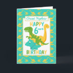 Great Nephew Dinosaur 6 Month Birthday Blue Card<br><div class="desc">A fun 6 month birthday card for your Great Nephew . This bright six month birthday card features a cartoon green T-Rex dinosaur, a yellow Brontosaurus and a blue Triceratops, set on a blue and yellow dinosaur background A lovely cute design for a little boy who will be half a...</div>