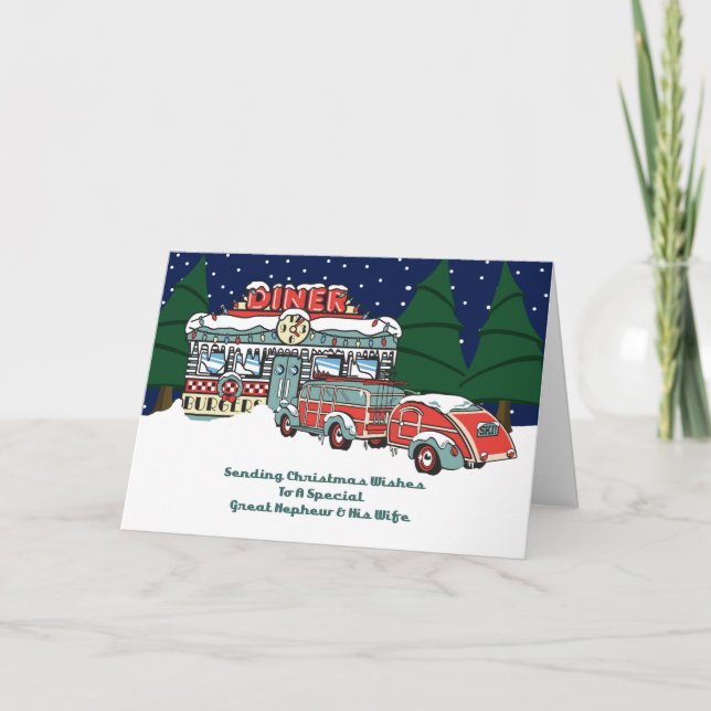 Great Nephew & His Wife Retro Diner Christmas Holiday Card (Front)