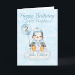 Great Nephew Penguin 2nd Birthday Card<br><div class="desc">A cute Great Nephew 2nd birthday baby penguin birthday card. The card features a baby boy penguin sitting on a cloud holding a balloon. A sweet design for your great Nephew or Nephew who will be 2 years old. Add the child, s name to the front of the card to...</div>