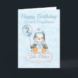 Great Nephew Penguin 2nd Birthday Card<br><div class="desc">A cute Great Nephew 2nd birthday baby penguin birthday card. The card features a baby boy penguin sitting on a cloud holding a balloon. A sweet design for your great Nephew or Nephew who will be 2 years old. Add the child, s name to the front of the card to...</div>