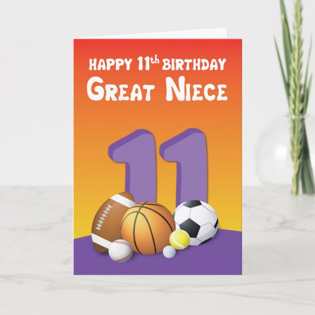 Great Niece 11th Birthday Sports Balls Card (Front)