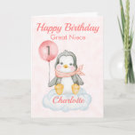 Great Niece Penguin Happy 1st Birthday Card<br><div class="desc">A cute 1st birthday Great Niece baby penguin birthday card. The card features a baby girl penguin sitting on a cloud holding a balloon. A sweet design for a little girl who will be one years old. Add the child, s name to the front of the card to customize it...</div>