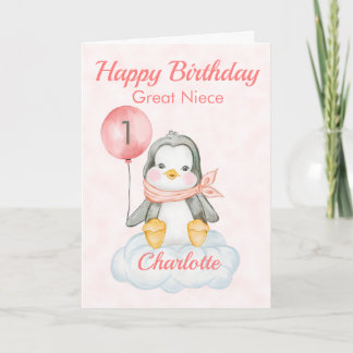 Great Niece Penguin Happy 1st Birthday Card