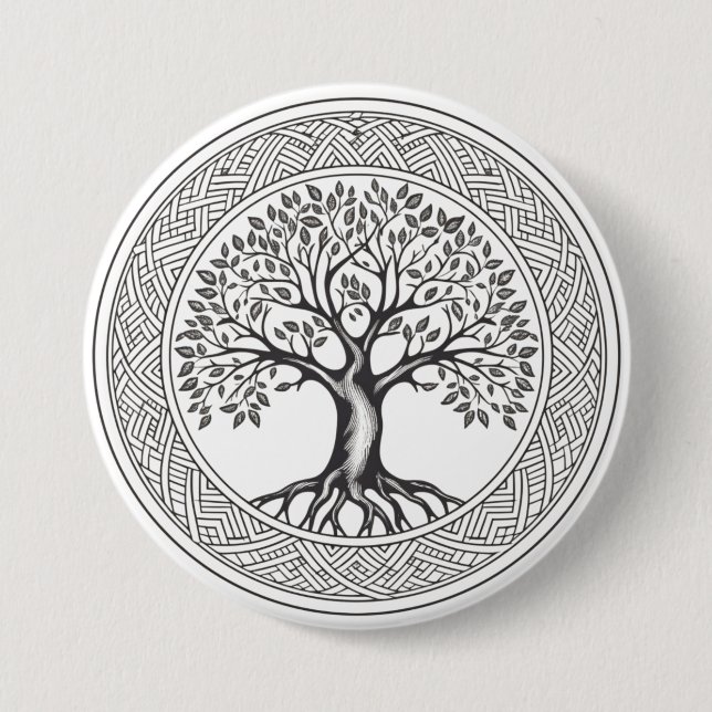 Great Oak Tree of Life Celtic Sketch 3 Inch Round Button (Front)