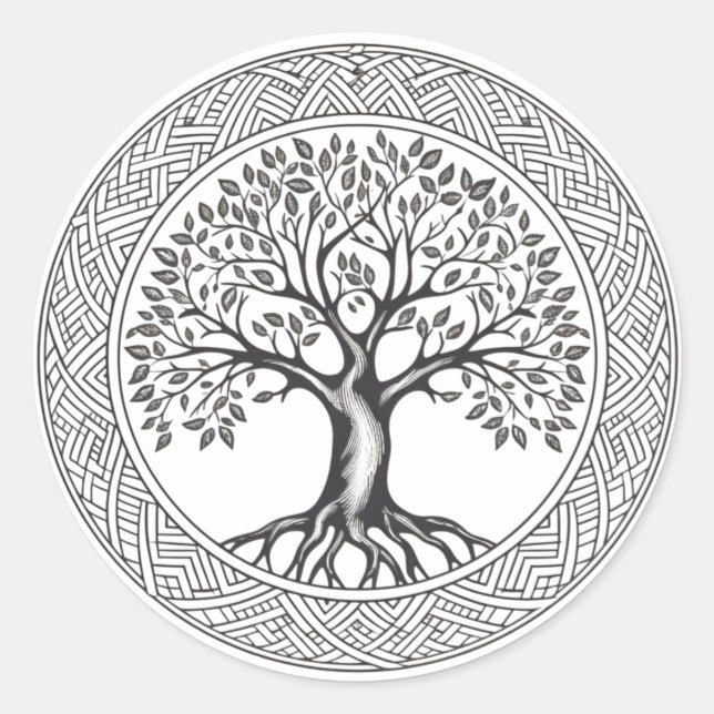 Great Oak Tree of Life Celtic Sketch Classic Round Sticker (Front)