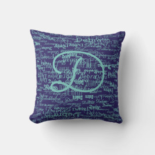 great pattern of names on blue throw pillow