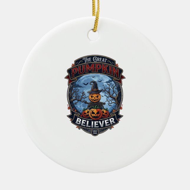 Great Pumpkin Believer Scarecrow Witch Hat Hallowe Ceramic Ornament (Front)