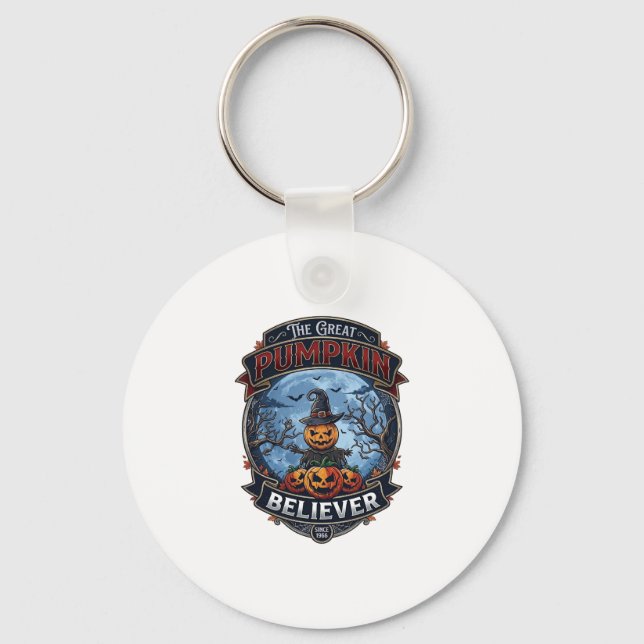 Great Pumpkin Believer Scarecrow Witch Hat Hallowe Keychain (Front)