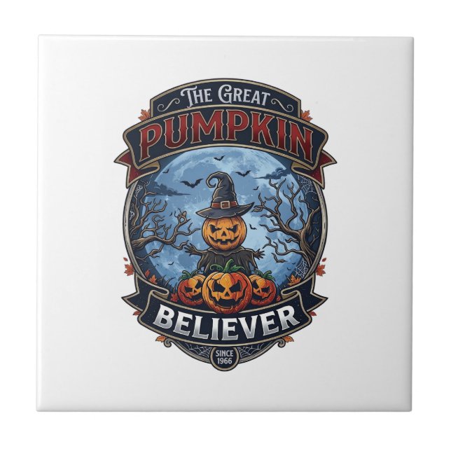 Great Pumpkin Believer Scarecrow Witch Hat Hallowe Tile (Front)
