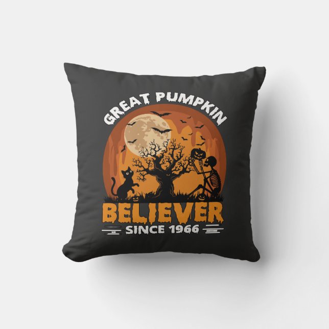 Great Pumpkin Believer Since Halloween Skeleton Ca Throw Pillow (Front)