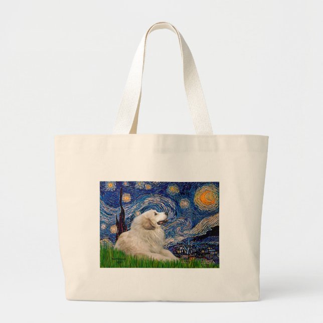 Great Pyrenees 2 - Starry Night Large Tote Bag (Front)