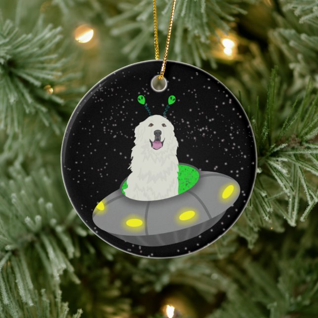 Great Pyrenees Alien UFO Ceramic Ornament (Tree)