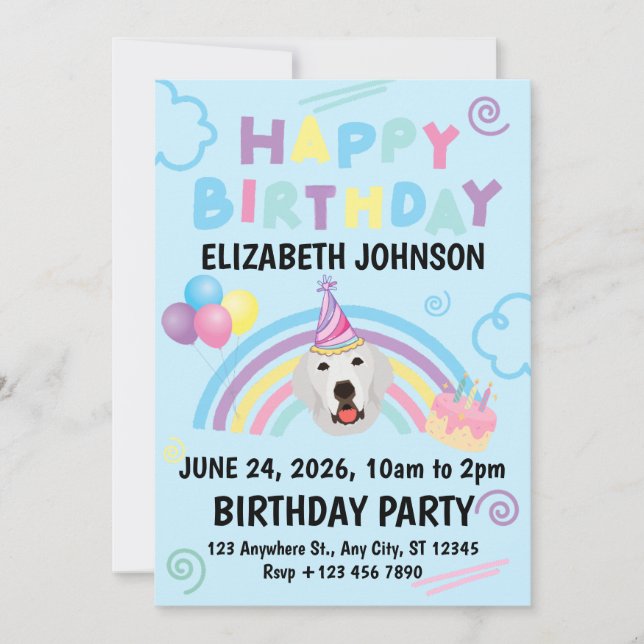 Great Pyrenees Birthday Invitation Blue (Devant)