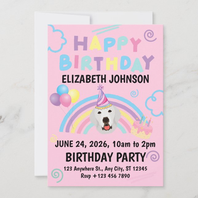 Great Pyrenees Birthday Invitation Pink (Devant)