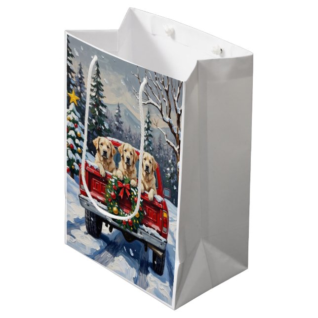 Great Pyrenees Christmas Red Truck Holiday Medium Gift Bag (Front Angled)