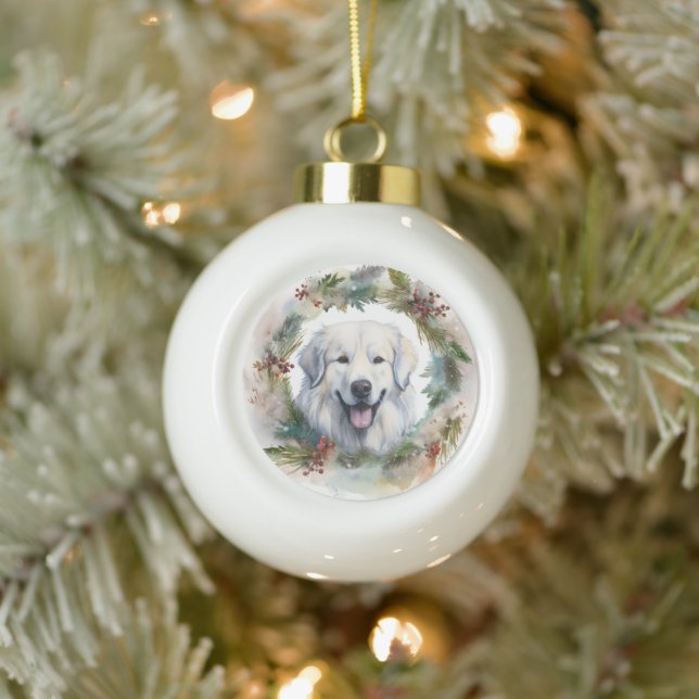 Great Pyrenees Christmas Wreath Festive Pup  Ceramic Ball Christmas Ornament (Tree)