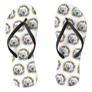 Great Pyrenees Christmas Wreath Festive Pup  Flip Flops